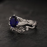 Bridal Set with Royal Blue Sapphire Engagement Ring and Matching Band with Diamonds / Freesia