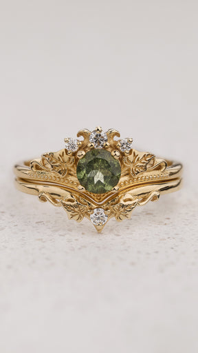 Rutile Peridot Bridal Ring Set with Perfectly Matching Band / Ariadne - Eden Garden Jewelry™