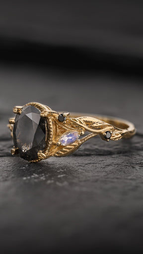 READY TO SHIP Patricia ring with salt & pepper diamond and accent moonstones & black diamonds, 14K yellow gold, AVAILABLE RING SIZES: 5.5 - 8.5 US - Eden Garden Jewelry™