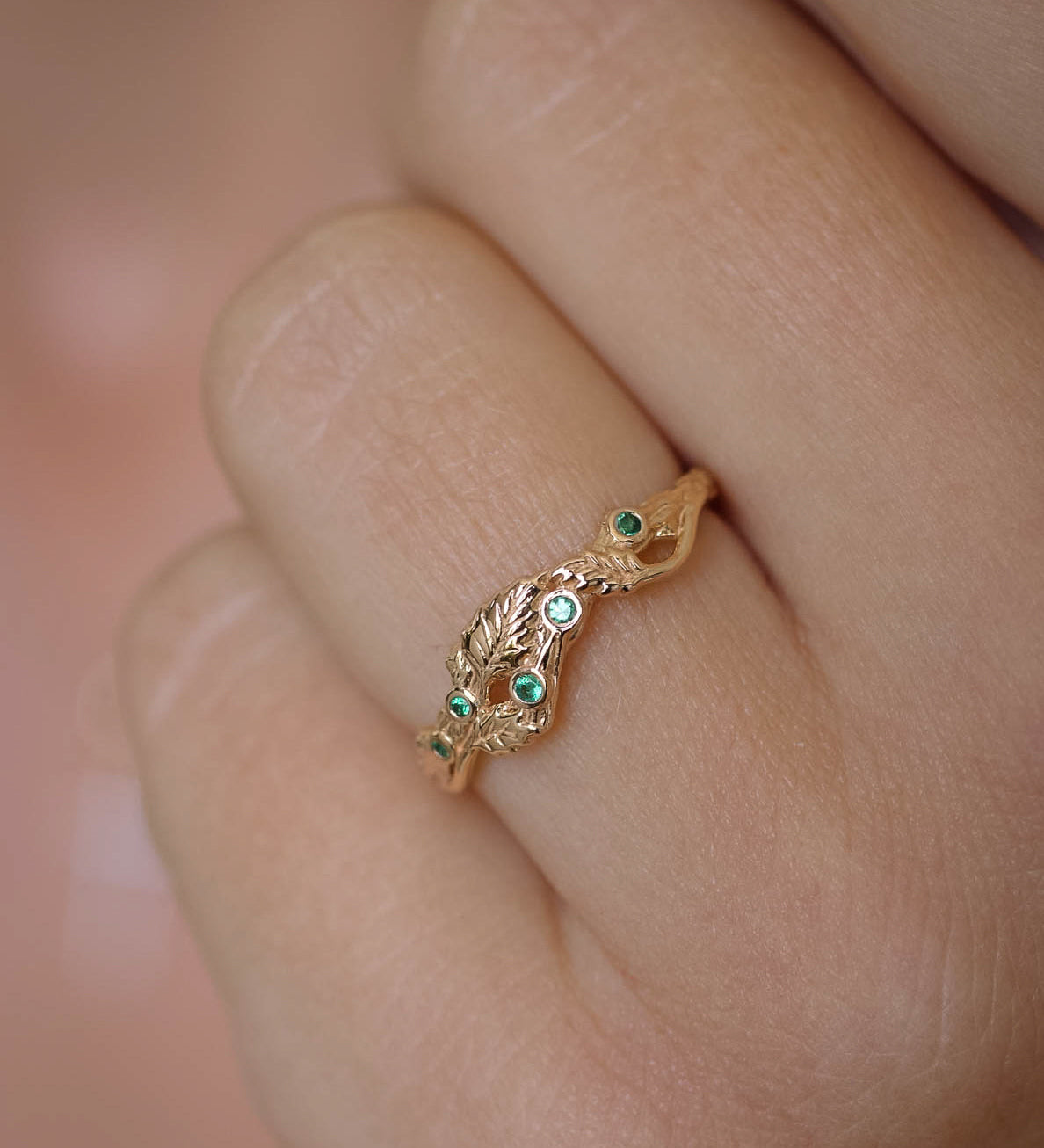 READY TO SHIP: Twig wedding band with natural emeralds and three leaves, 14K yellow gold, AVAILABLE RING SIZE: 7 US - Eden Garden Jewelry™