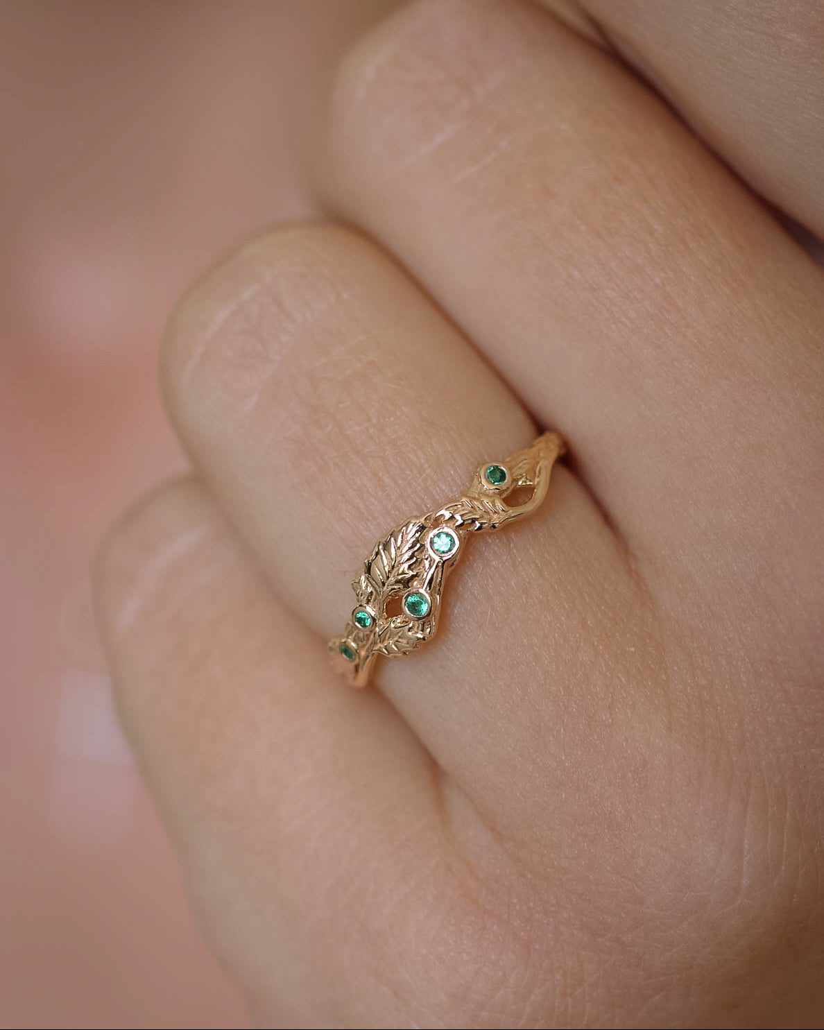 READY TO SHIP: Twig wedding band with natural emeralds and three leaves, 14K yellow gold, AVAILABLE RING SIZE: 7 US - Eden Garden Jewelry™