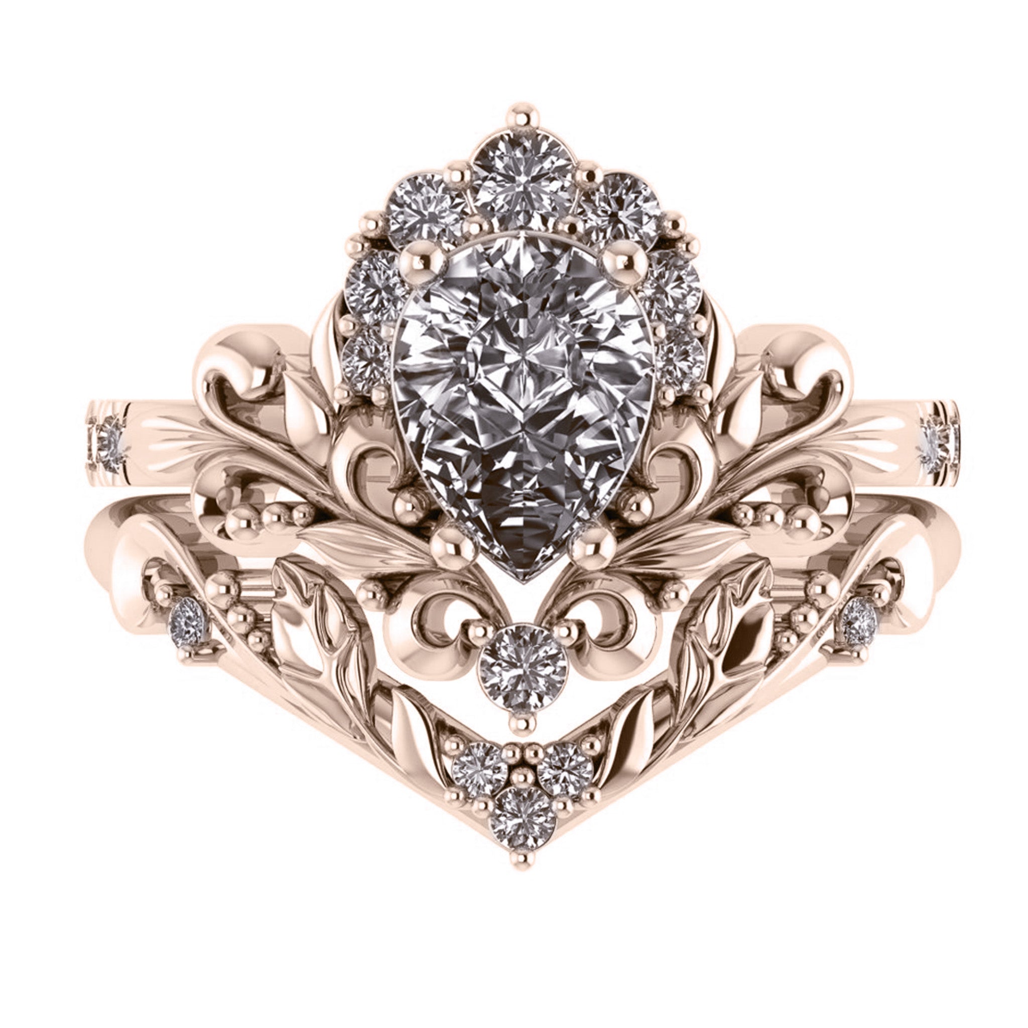 Sophie | custom bridal ring set for pear cut gemstone 8x6 mm - Eden Garden Jewelry™