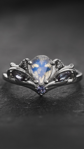 Moonstone Engagement Ring with Natural Salt & Pepper Diamonds and Alexandrites / Swanlake - Eden Garden Jewelry™