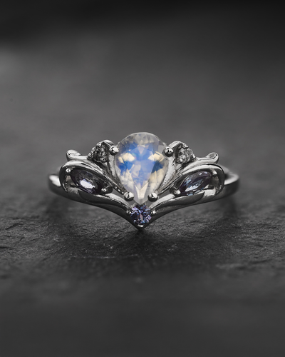 Moonstone Engagement Ring with Natural Salt & Pepper Diamonds and Alexandrites / Swanlake - Eden Garden Jewelry™