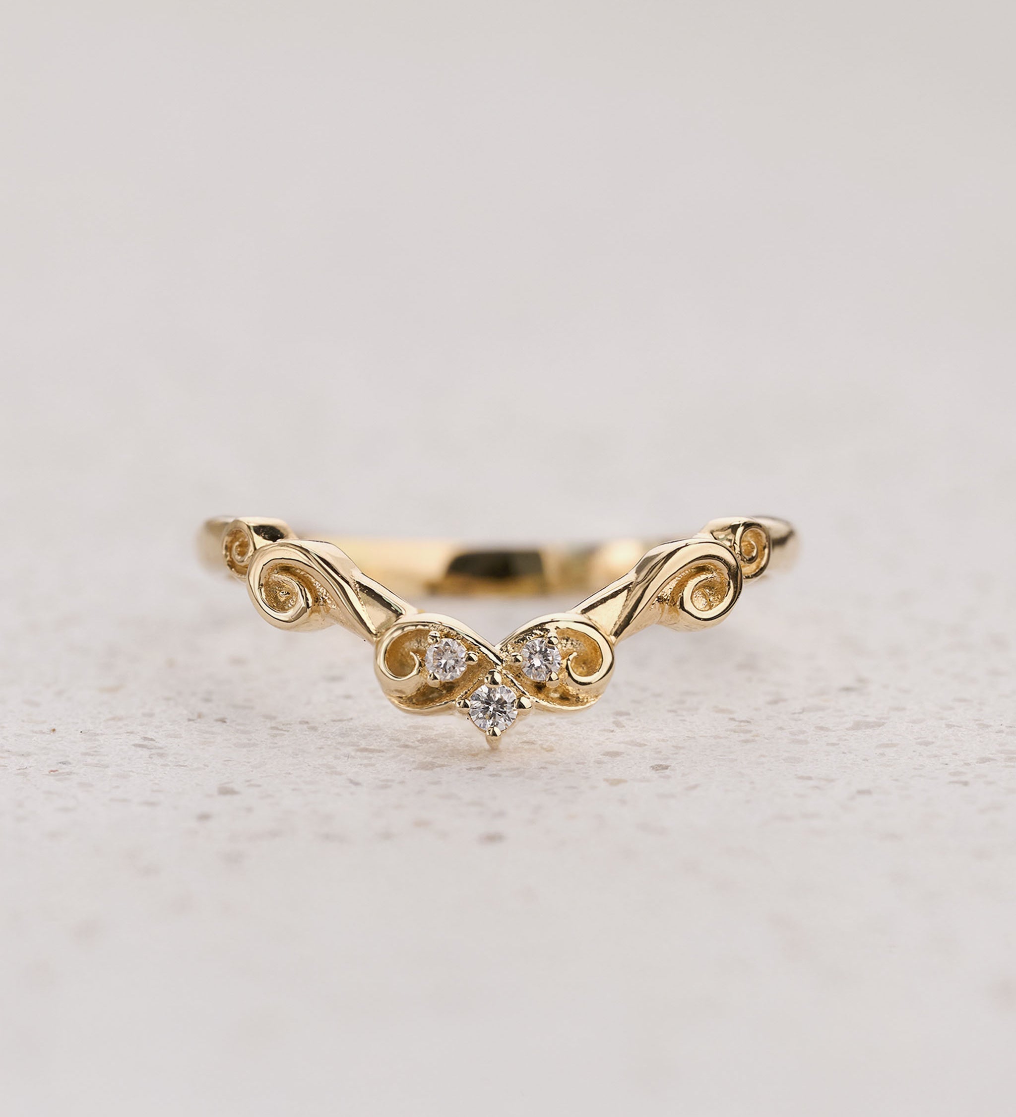 Swirls Delicate Matching Wedding Band with Three Diamonds / Vineyard - Eden Garden Jewelry™