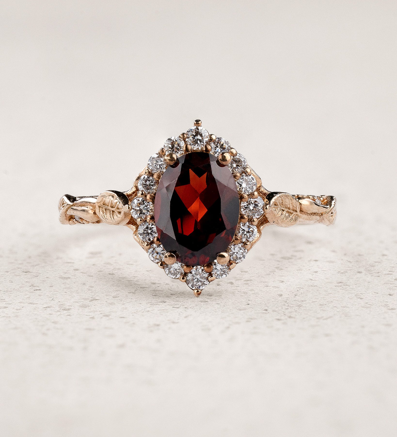 Timeless Engagement Ring with Oval Red Garnet and Diamond Halo / Florentina - Eden Garden Jewelry™