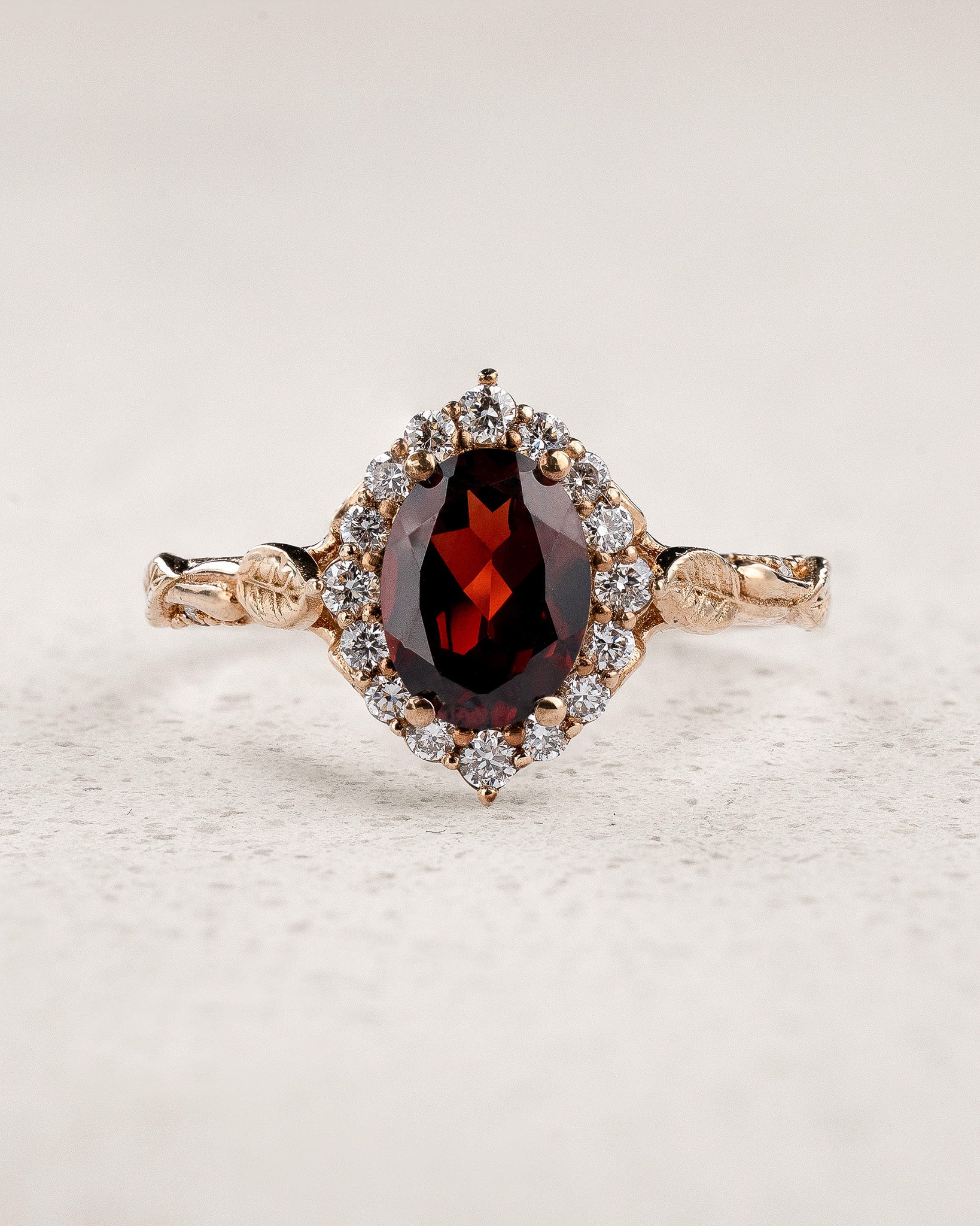Timeless Engagement Ring with Oval Red Garnet and Diamond Halo / Florentina - Eden Garden Jewelry™