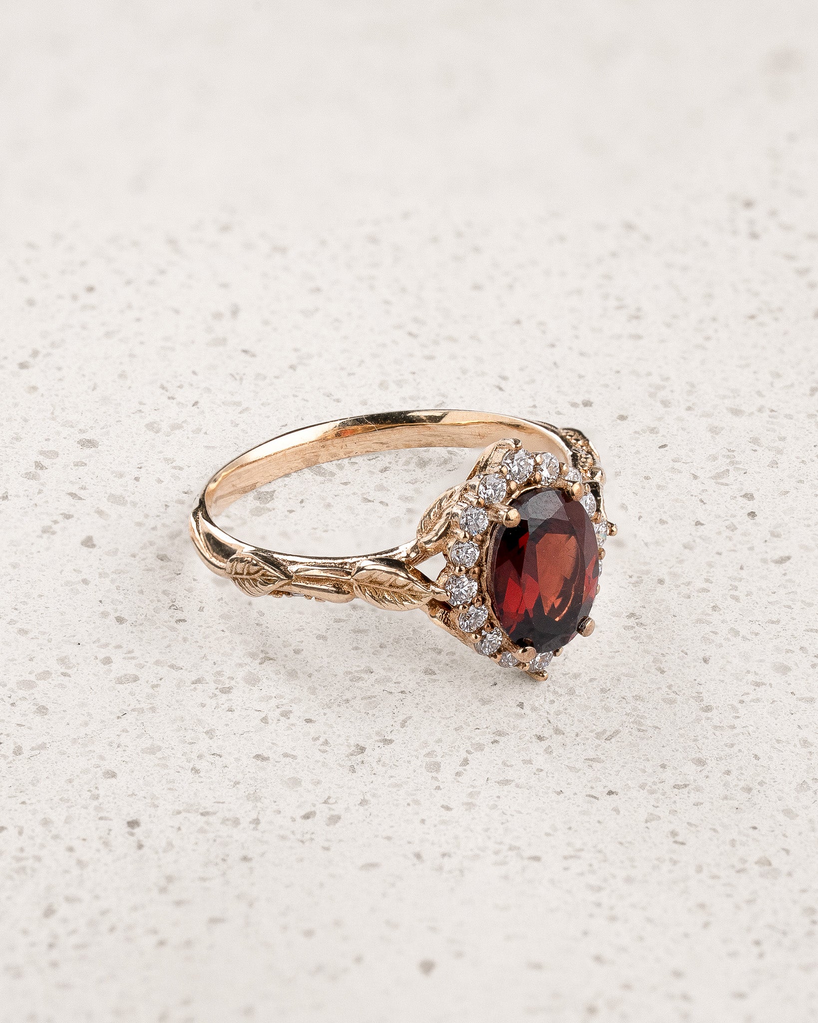 Timeless Engagement Ring with Oval Red Garnet and Diamond Halo / Florentina - Eden Garden Jewelry™