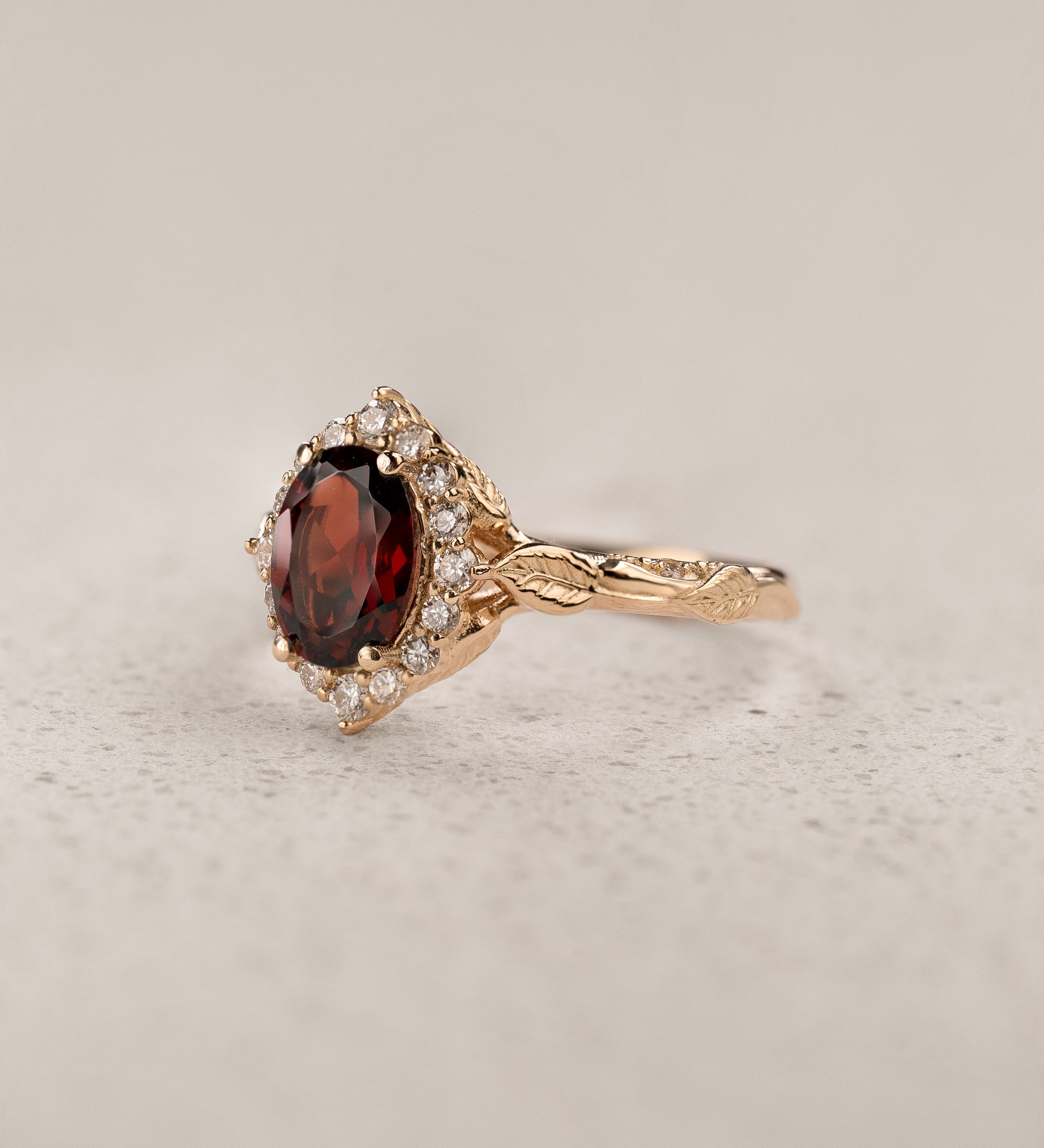 Timeless Engagement Ring with Oval Red Garnet and Diamond Halo / Florentina - Eden Garden Jewelry™