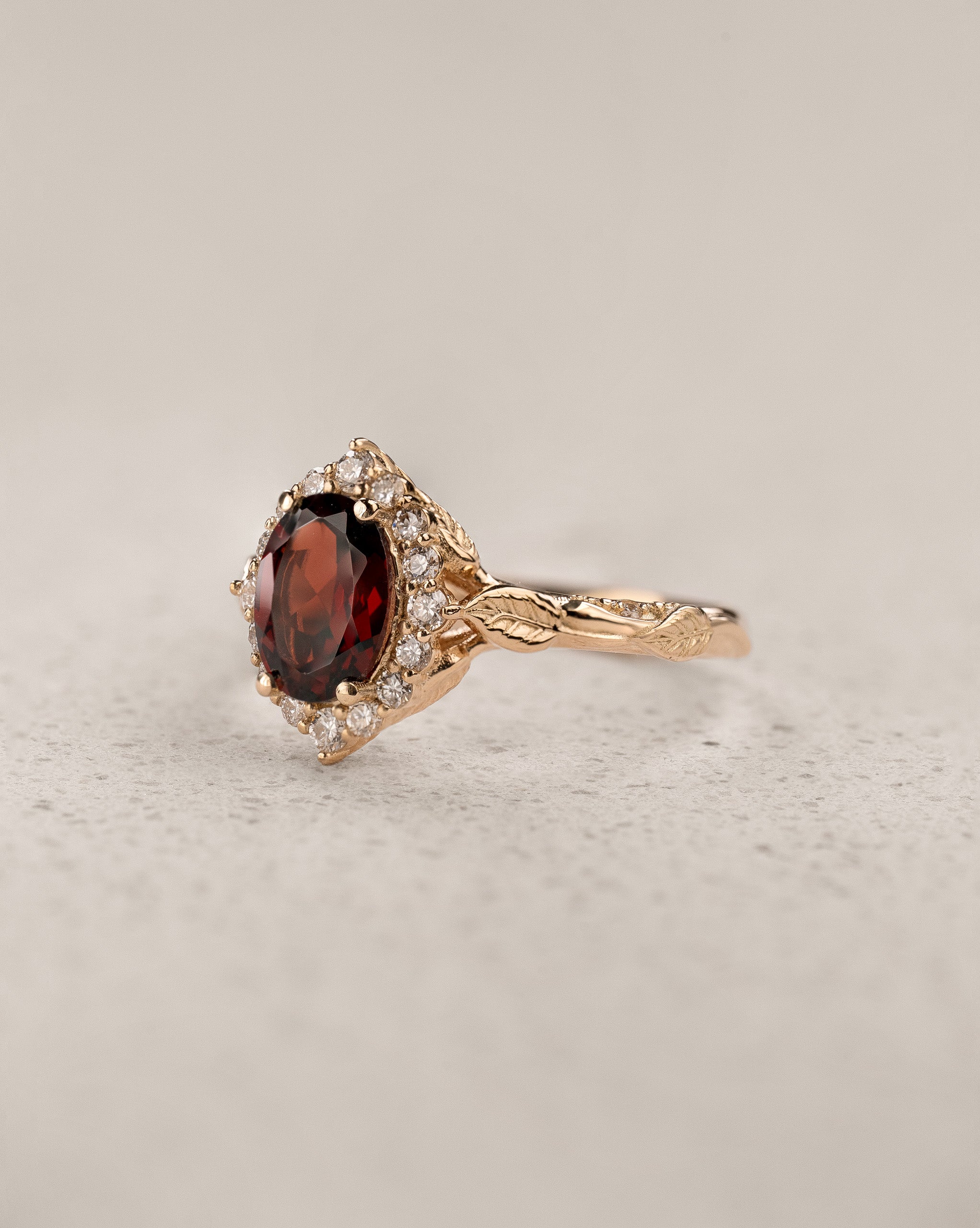 Timeless Engagement Ring with Oval Red Garnet and Diamond Halo / Florentina - Eden Garden Jewelry™