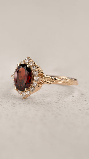 Timeless Engagement Ring with Oval Red Garnet and Diamond Halo / Florentina - Eden Garden Jewelry™