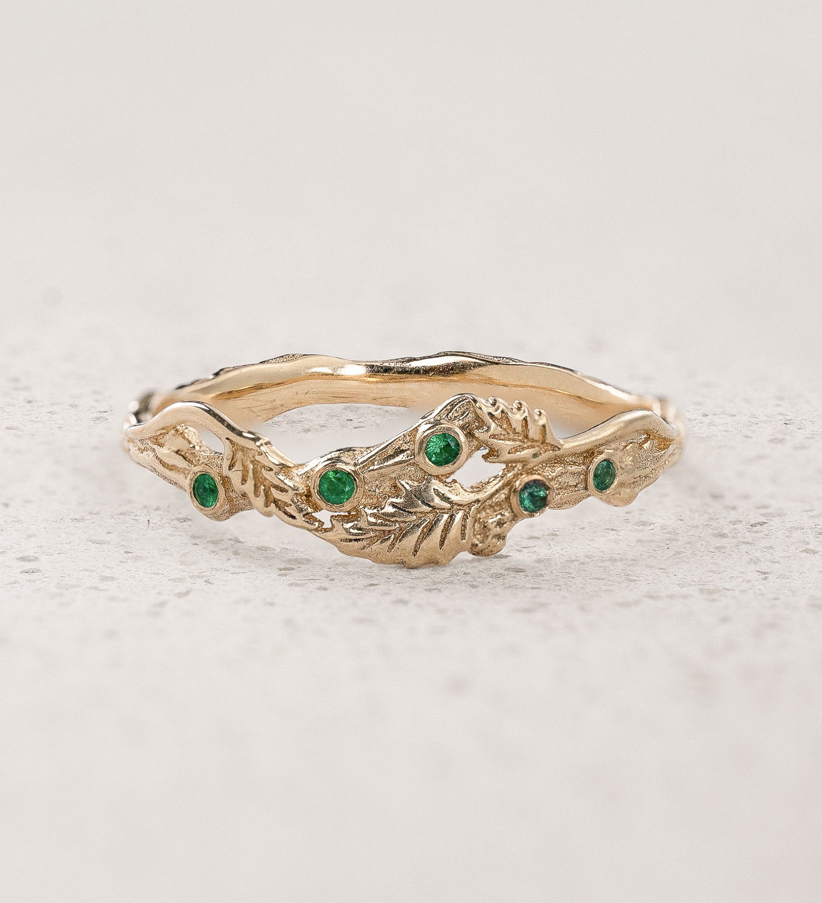 READY TO SHIP: Twig wedding band with natural emeralds and three leaves, 14K yellow gold, AVAILABLE RING SIZE: 7 US - Eden Garden Jewelry™