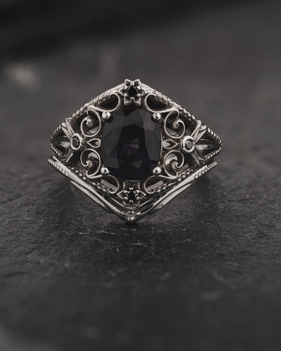 Unique Cosmic Bridal Set with Grey Spinel & Black Diamonds Engagement Ring / Galaxia - Eden Garden Jewelry™