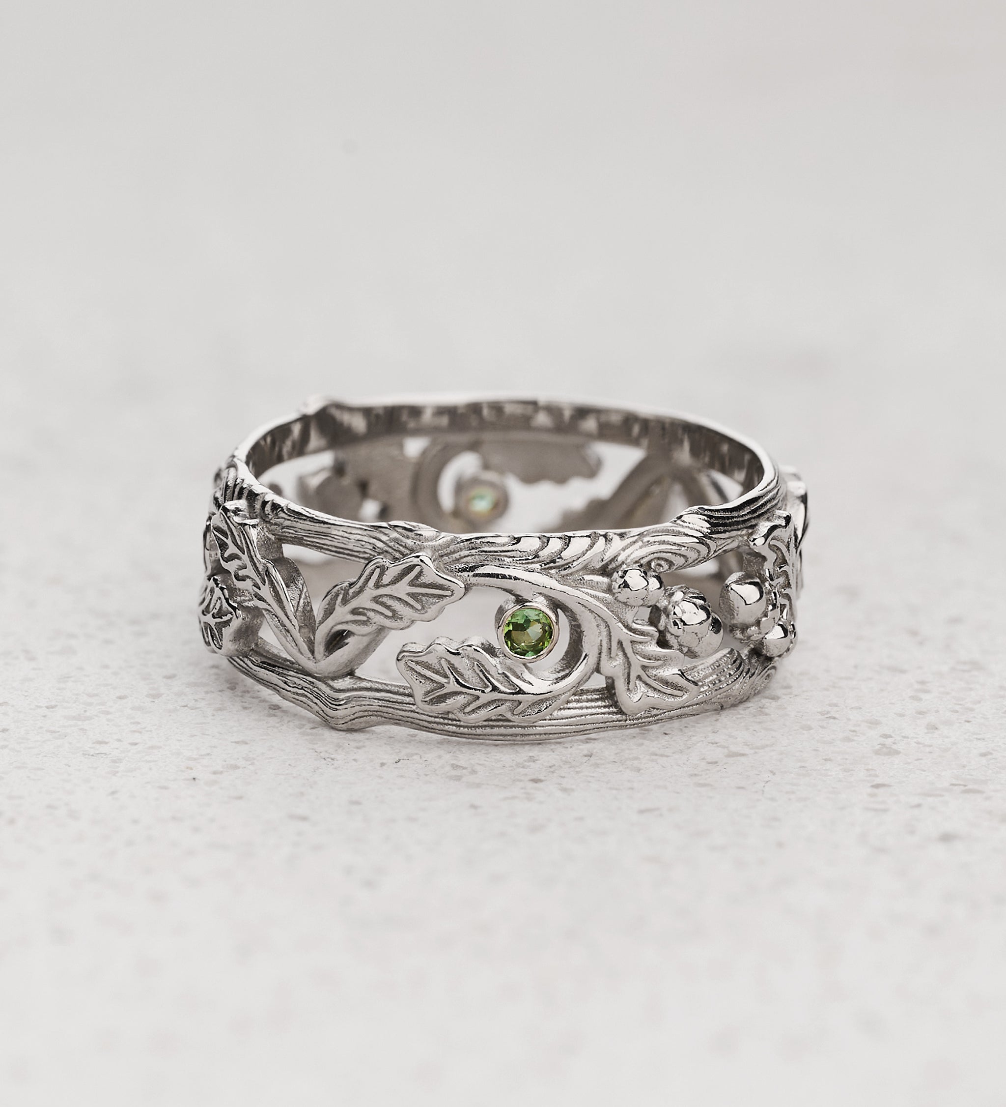 READY TO SHIP Oak leaves wedding band with green tourmalines, AVAILABLE RING SIZE: 11 US - Eden Garden Jewelry™