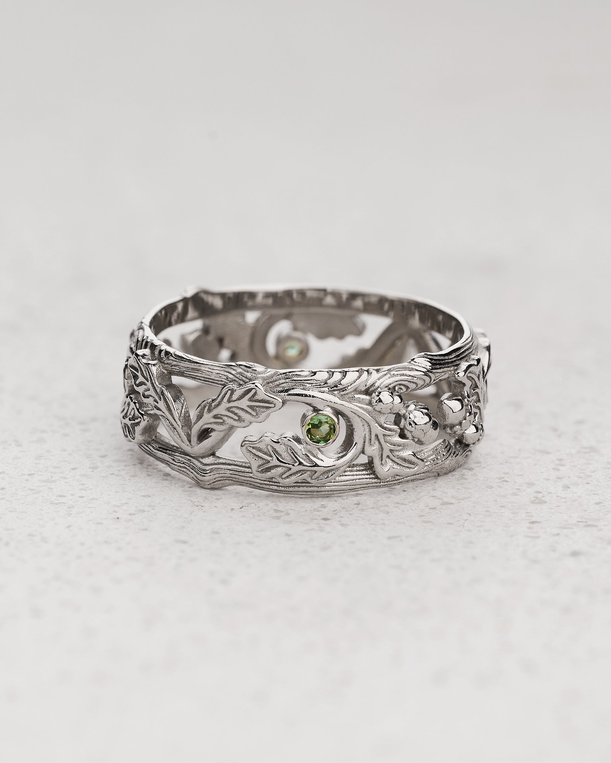READY TO SHIP Oak leaves wedding band with green tourmalines, AVAILABLE RING SIZE: 11 US - Eden Garden Jewelry™