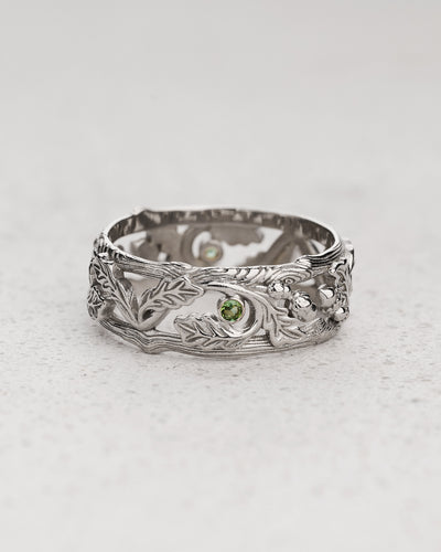 READY TO SHIP Oak leaves wedding band with green tourmalines, AVAILABLE RING SIZE: 11 US - Eden Garden Jewelry™