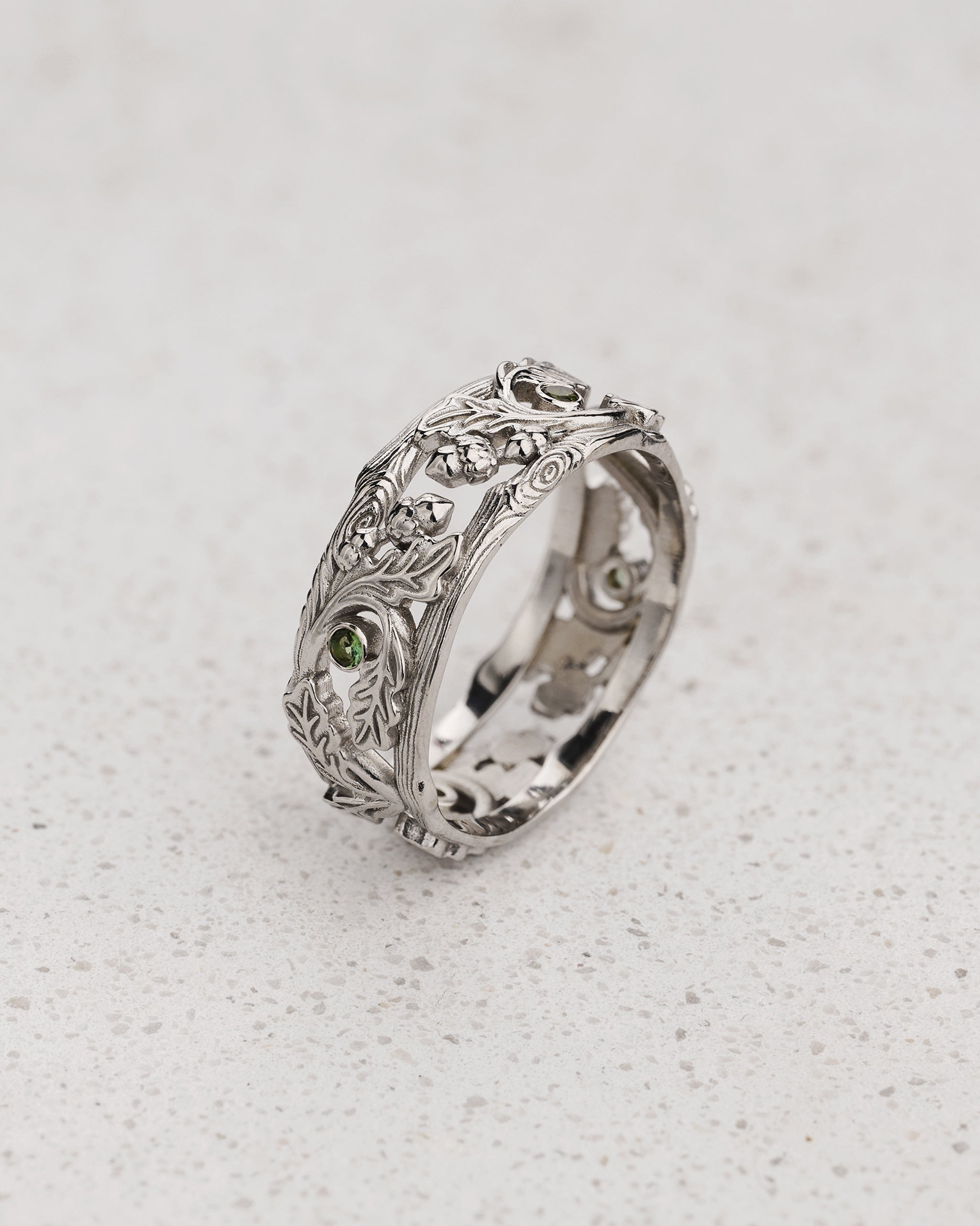 READY TO SHIP Oak leaves wedding band with green tourmalines, AVAILABLE RING SIZE: 11 US - Eden Garden Jewelry™