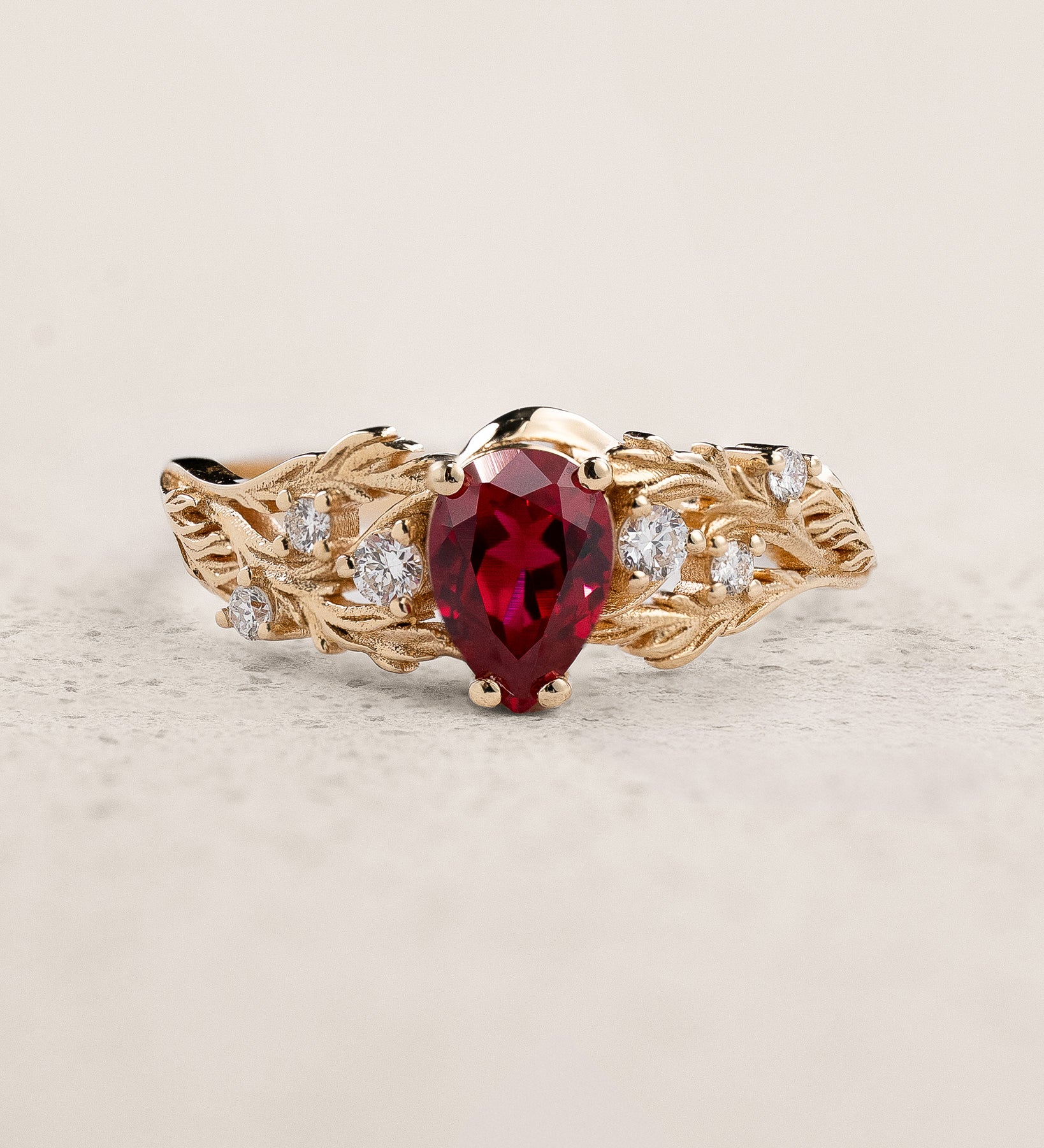 Woodland Engagement Ring with Pear-cut Ruby and Diamonds / Japanese Maple - Eden Garden Jewelry™