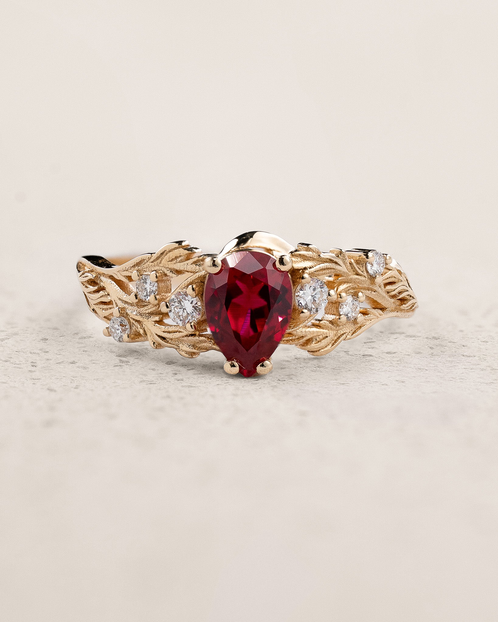 Woodland Engagement Ring with Pear-cut Ruby and Diamonds / Japanese Maple - Eden Garden Jewelry™