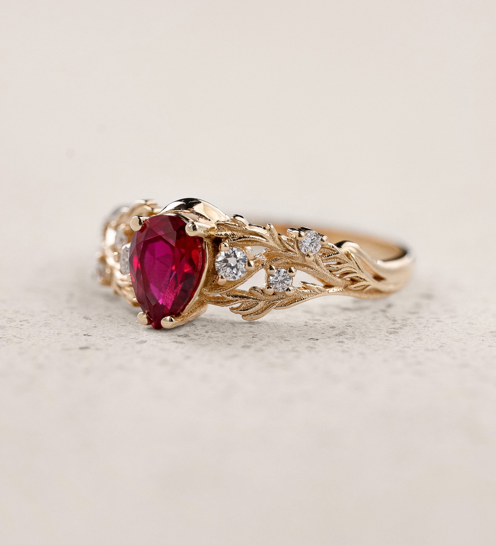 Woodland Engagement Ring with Pear-cut Ruby and Diamonds / Japanese Maple - Eden Garden Jewelry™
