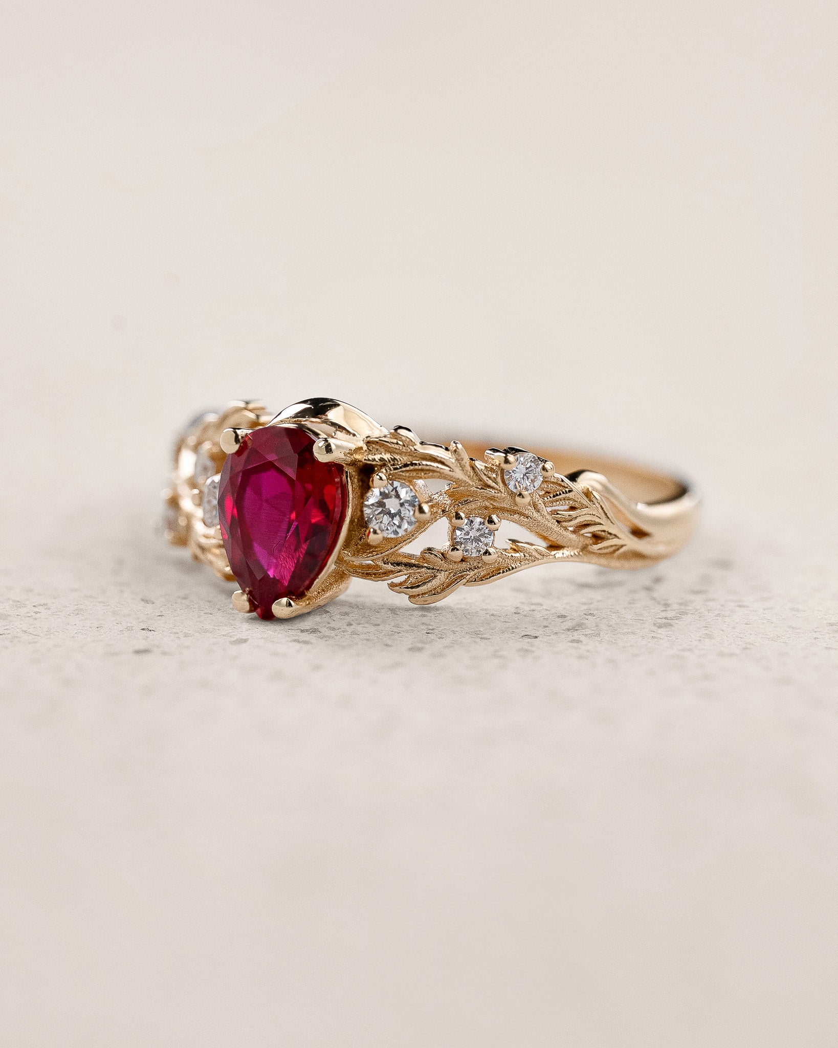 Woodland Engagement Ring with Pear-cut Ruby and Diamonds / Japanese Maple - Eden Garden Jewelry™
