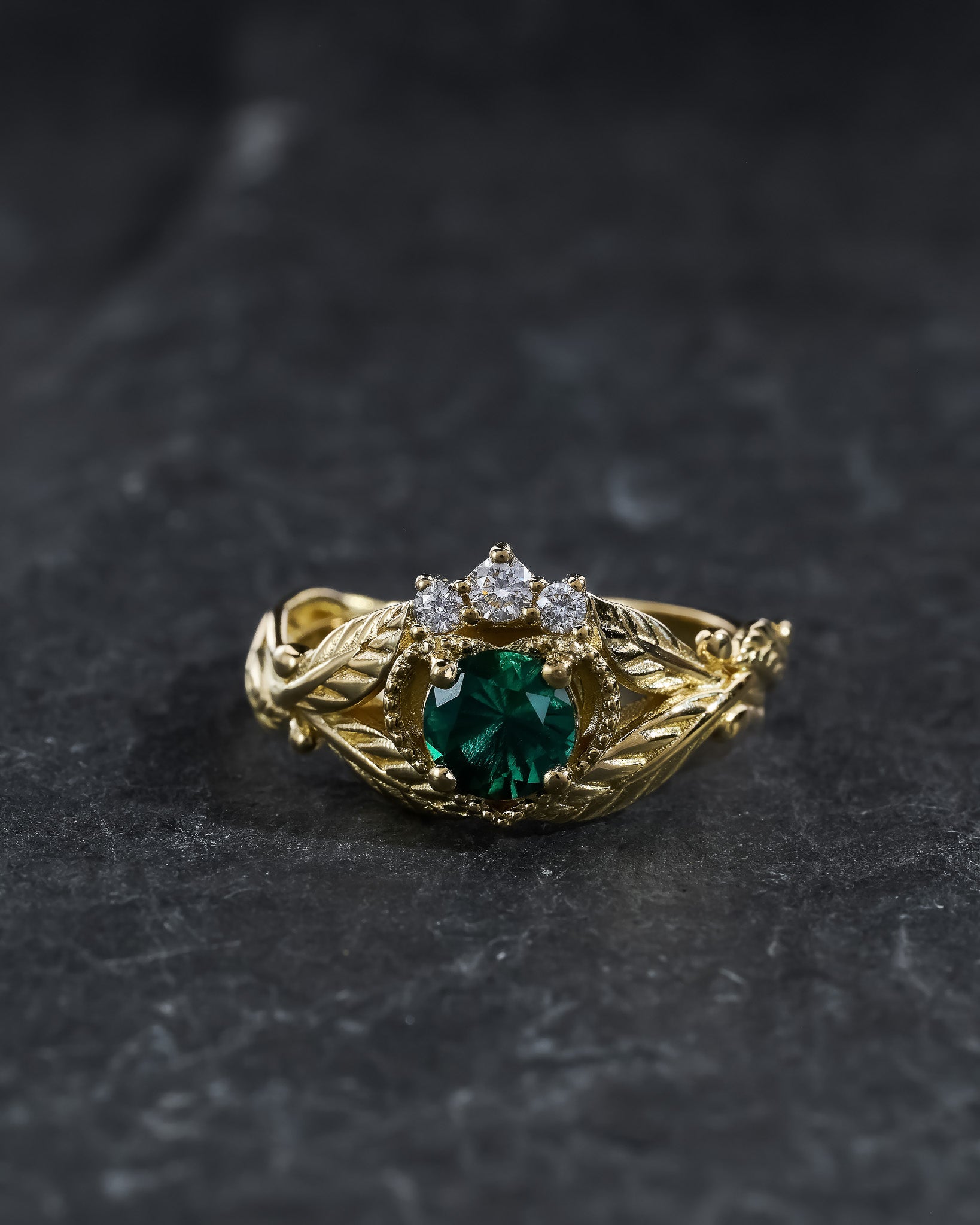 Deep green emerald and diamonds engagement ring, Claddagh ring - Eden Garden Jewelry™