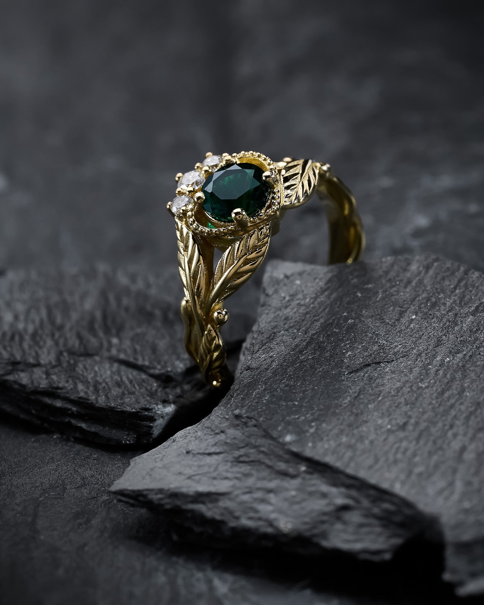 Emerald heart and diamonds ring, Claddagh engagement ring, leaf