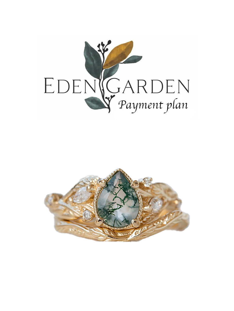 3 instalments payment plan: Moss agate and marquise diamonds engagement ring set / Patricia - Eden Garden Jewelry™