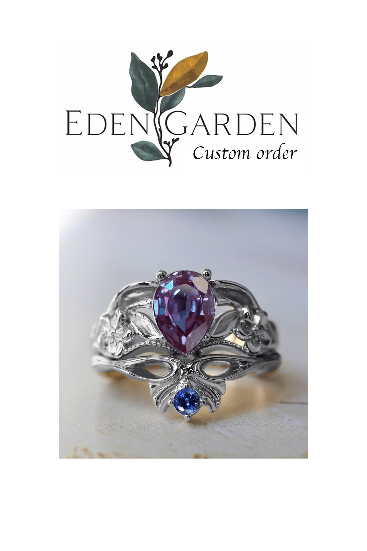 Custom order: Eloise bridal ring set with lab alexandrite and lab sapphire - Eden Garden Jewelry™
