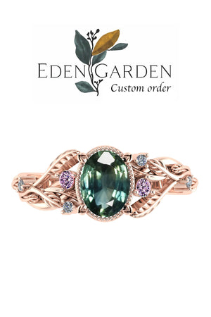 Custom order remaining payment: Patricia ring with greenish blue & pink sapphires - Eden Garden Jewelry™