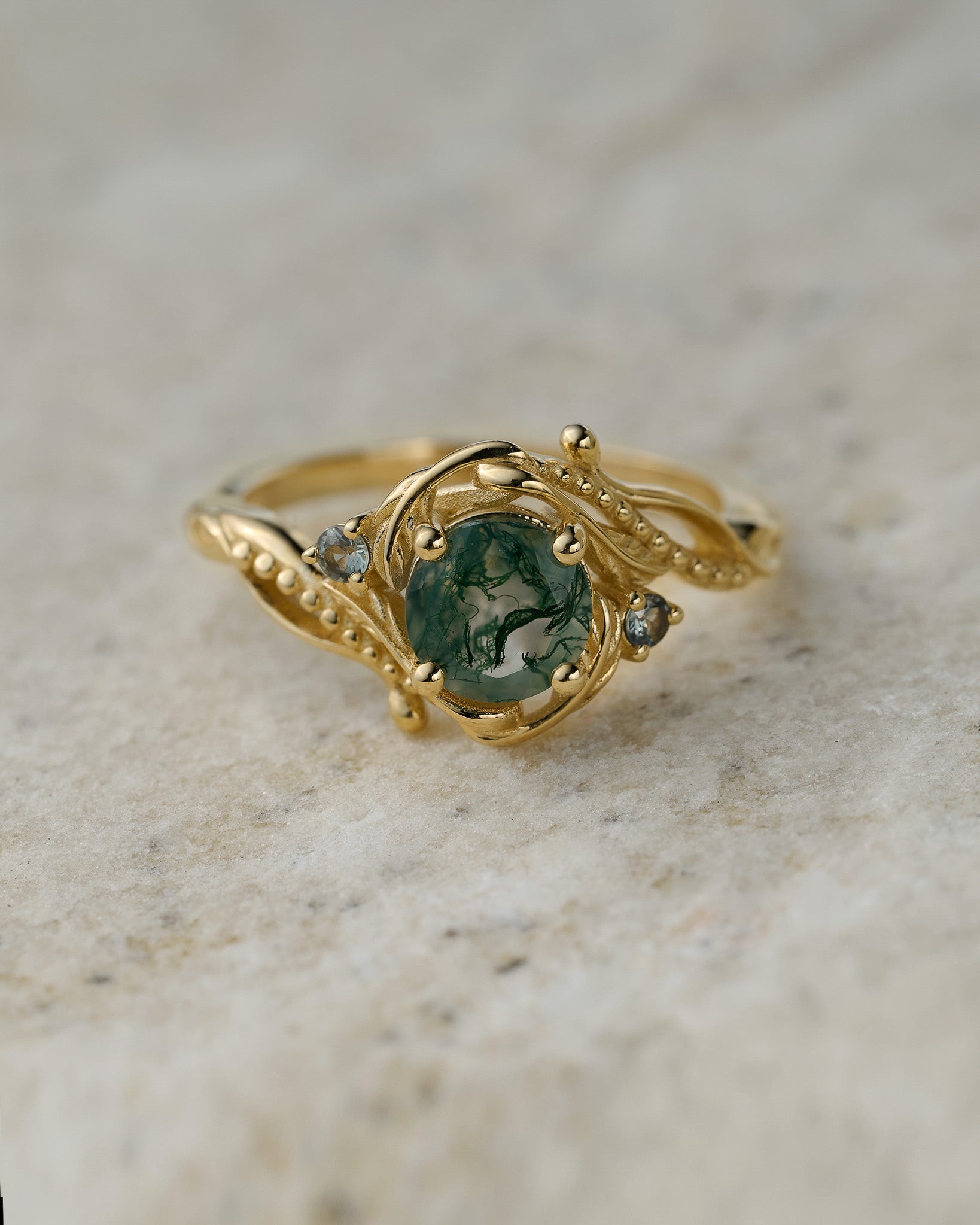 Round moss agate engagement ring with accent sapphires, nature themed proposal ring with diamonds  / Undina - Eden Garden Jewelry™