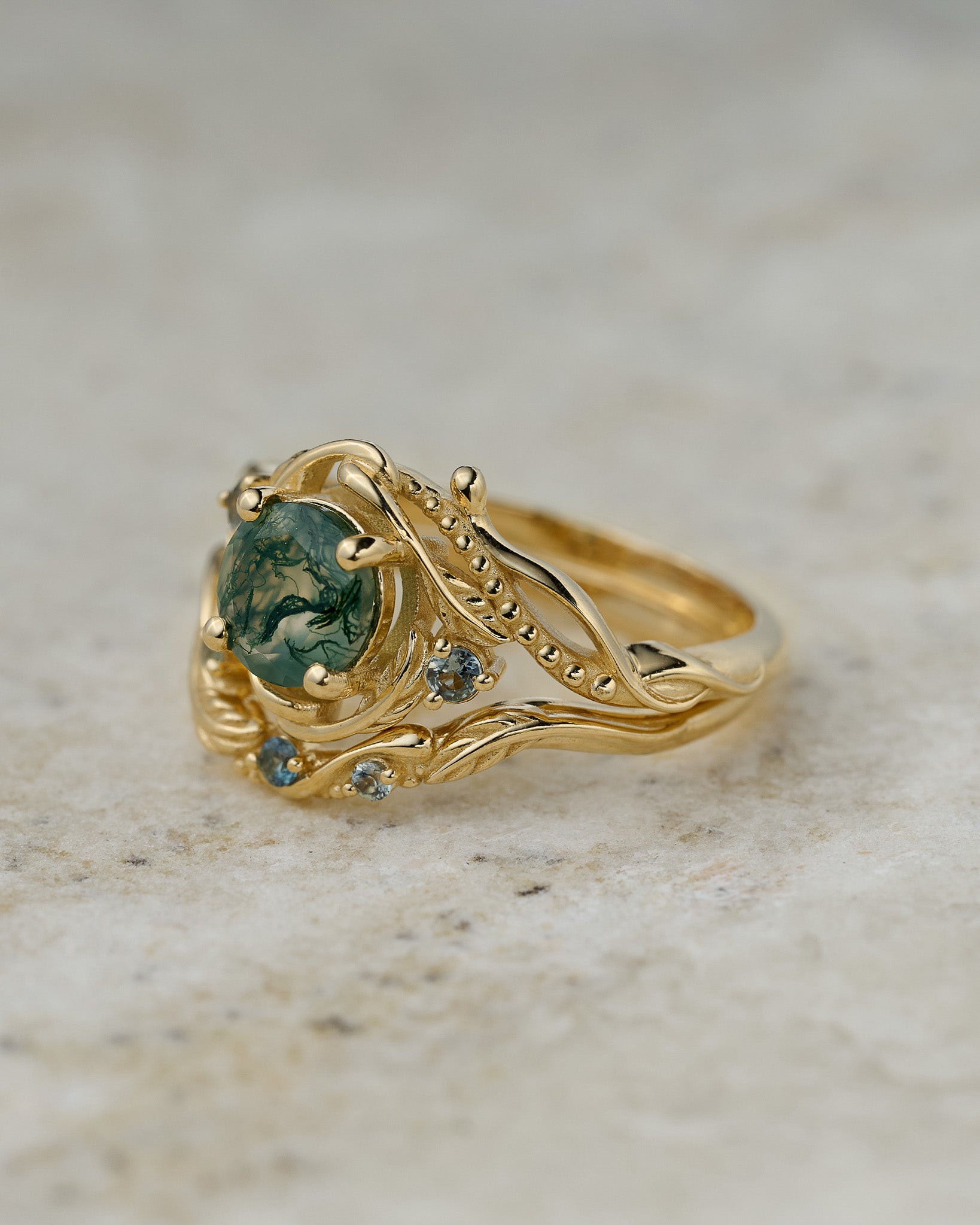 READY TO SHIP: moss agate and teal sapphires bridal ring set / Undina, RING SIZE: 5.5 - 8.5 US - Eden Garden Jewelry™