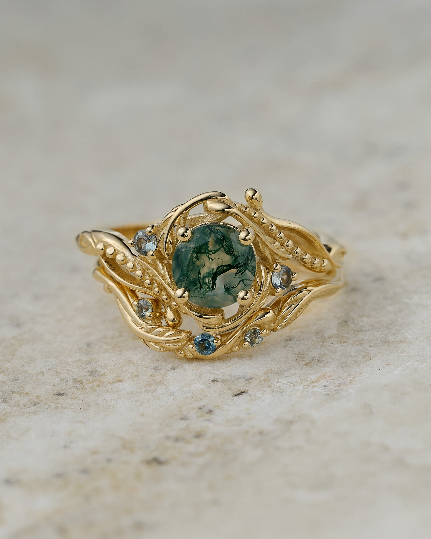 READY TO SHIP: moss agate and teal sapphires bridal ring set / Undina, RING SIZE: 5.5 - 8.5 US - Eden Garden Jewelry™