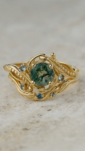 READY TO SHIP: moss agate and teal sapphires bridal ring set / Undina, RING SIZE: 5.5 - 8.5 US - Eden Garden Jewelry™