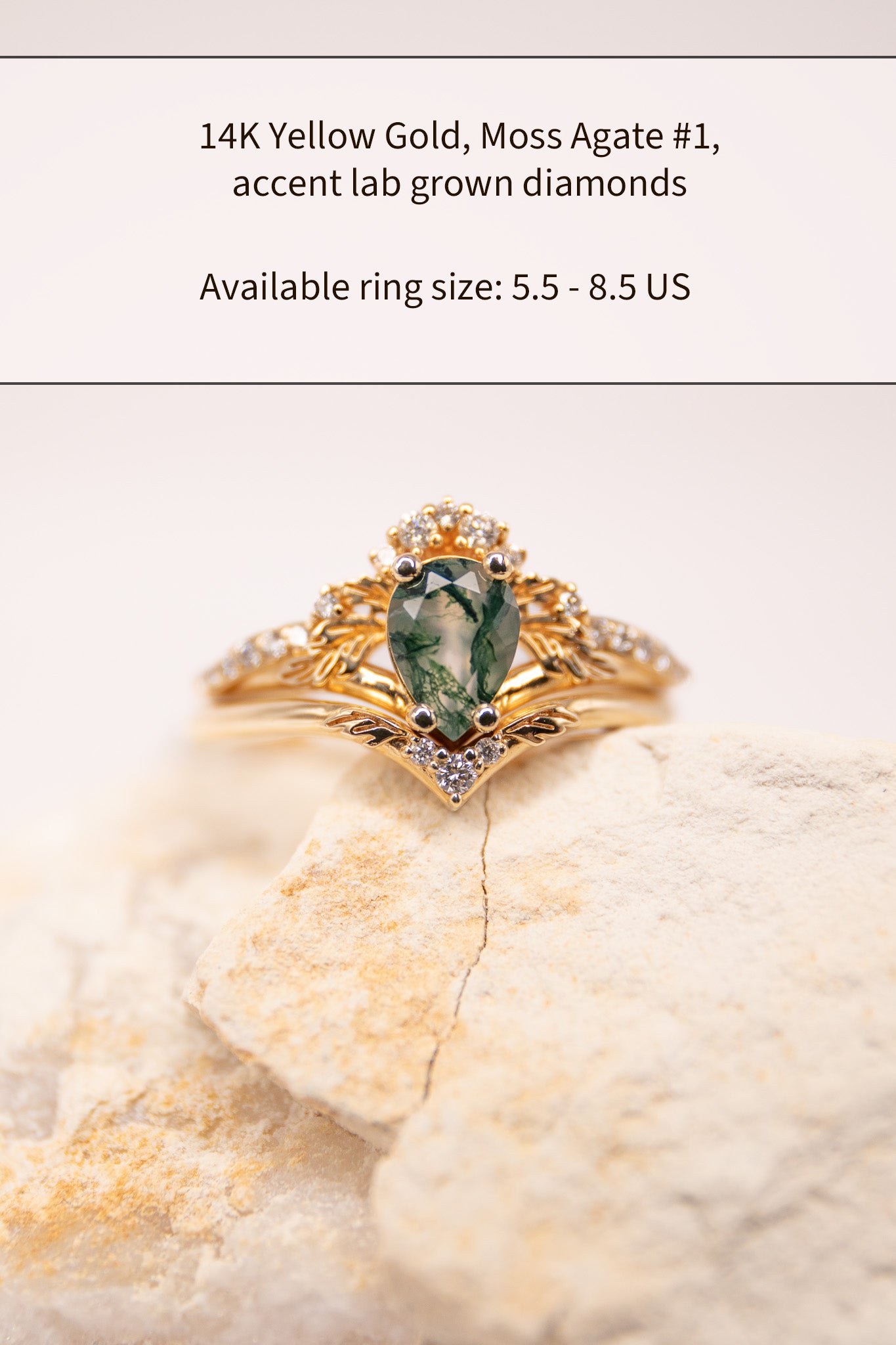 READY TO SHIP: Amelia in 14K white & yellow gold, unique moss agate engagement ring with a matching wedding band. AVAILABLE RING SIZE: 5.5 - 8.5 US