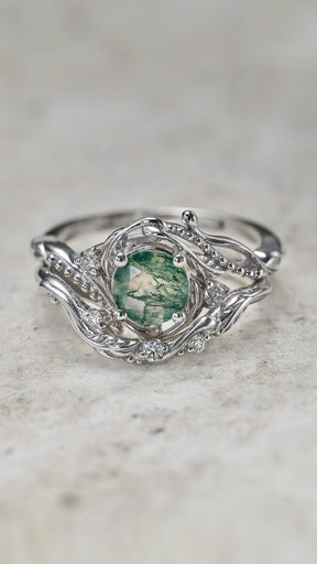 White gold bridal ring set with round moss agate and accent diamonds / Undina - Eden Garden Jewelry™