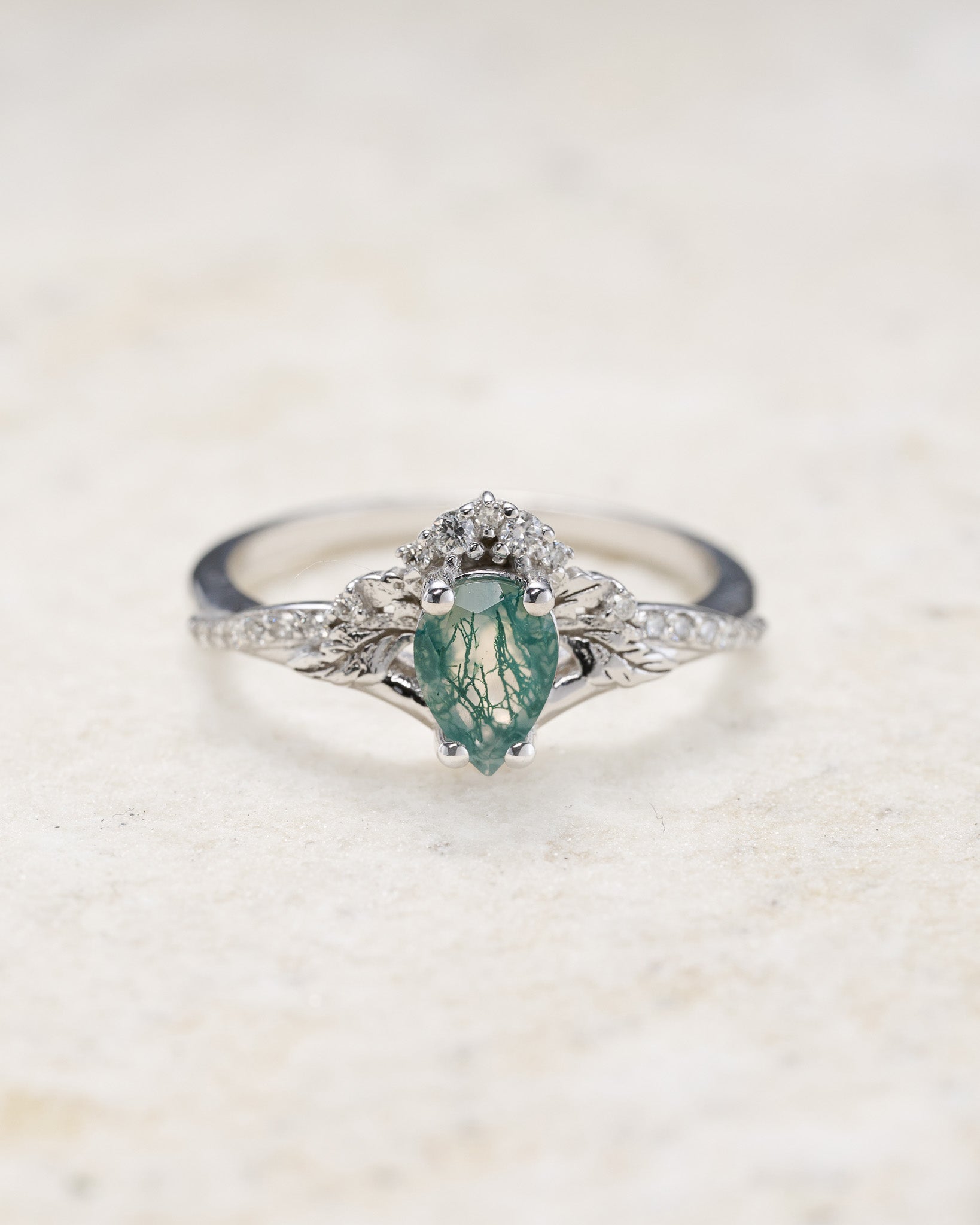 Rutile moss agate engagement ring, diamond crown proposal ring with moss agate / Amelia - Eden Garden Jewelry™
