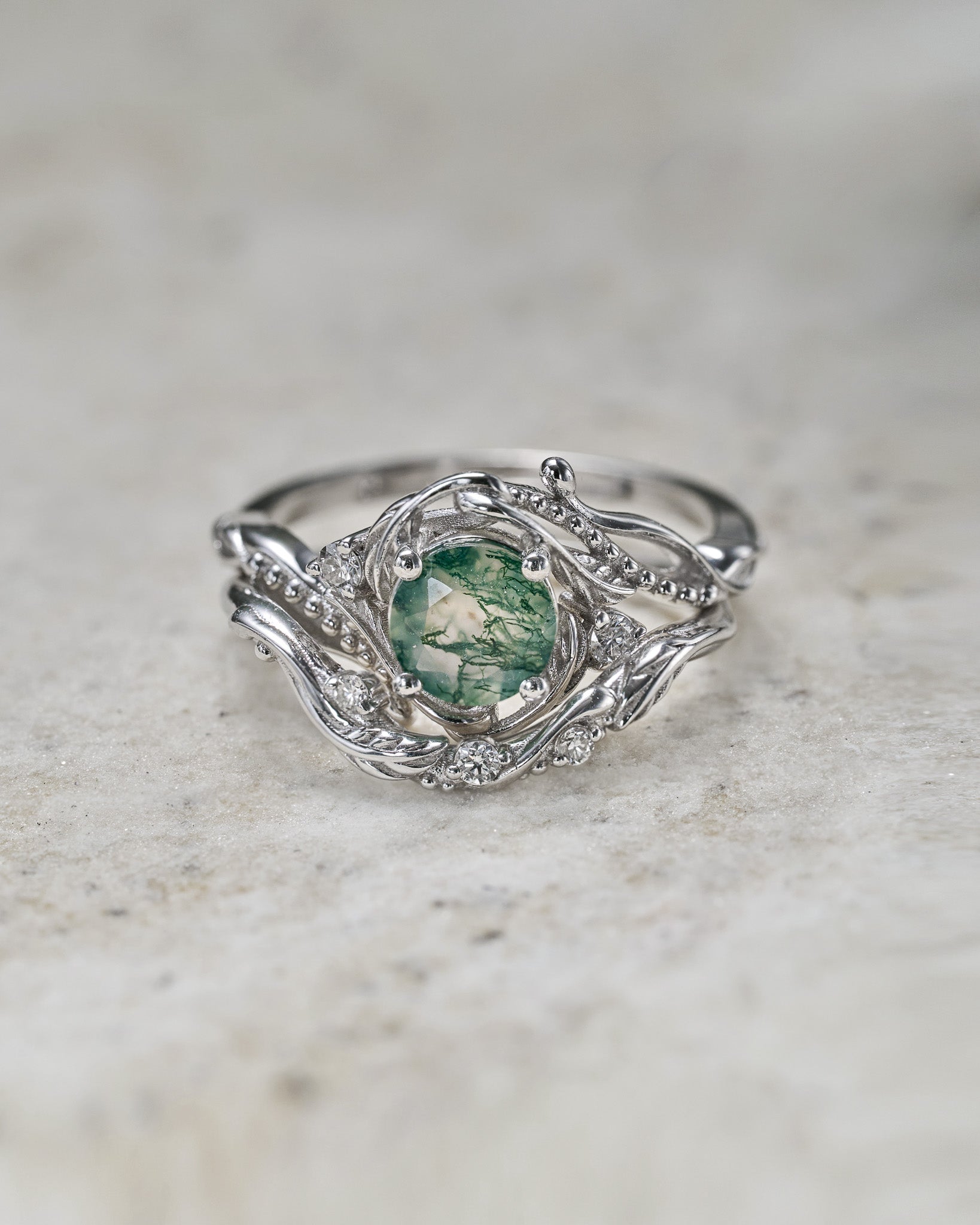 Bridal ring set in rose gold with natural round moss agate and accent diamonds / Undina - Eden Garden Jewelry™