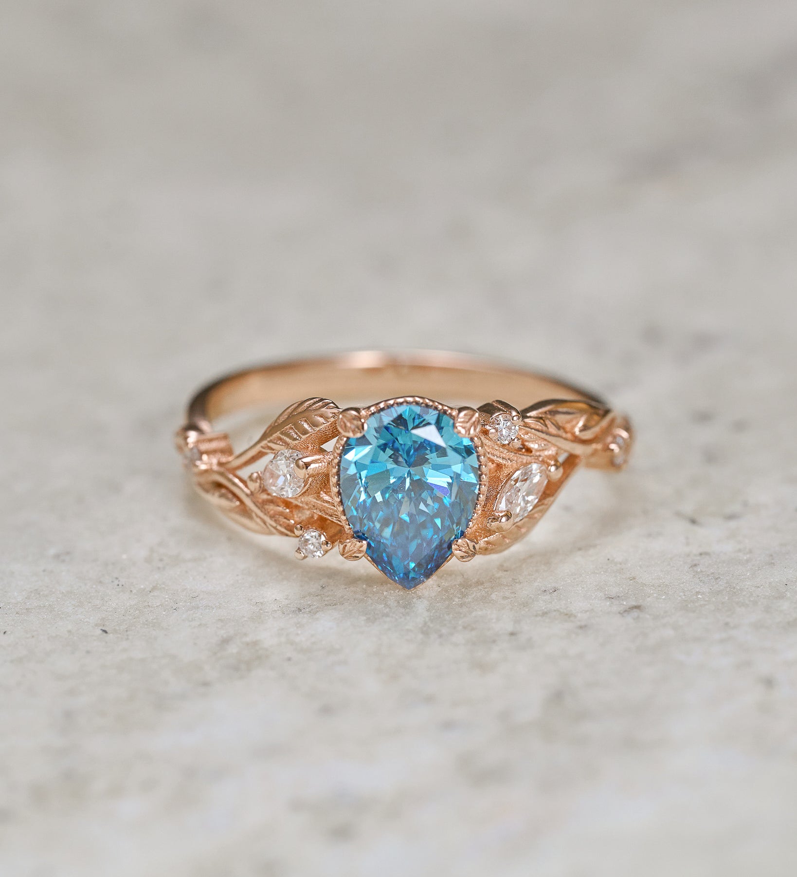 Blue lab grown diamond engagement ring, white gold nature inspired ring with leaves and diamonds / Patricia - Eden Garden Jewelry™