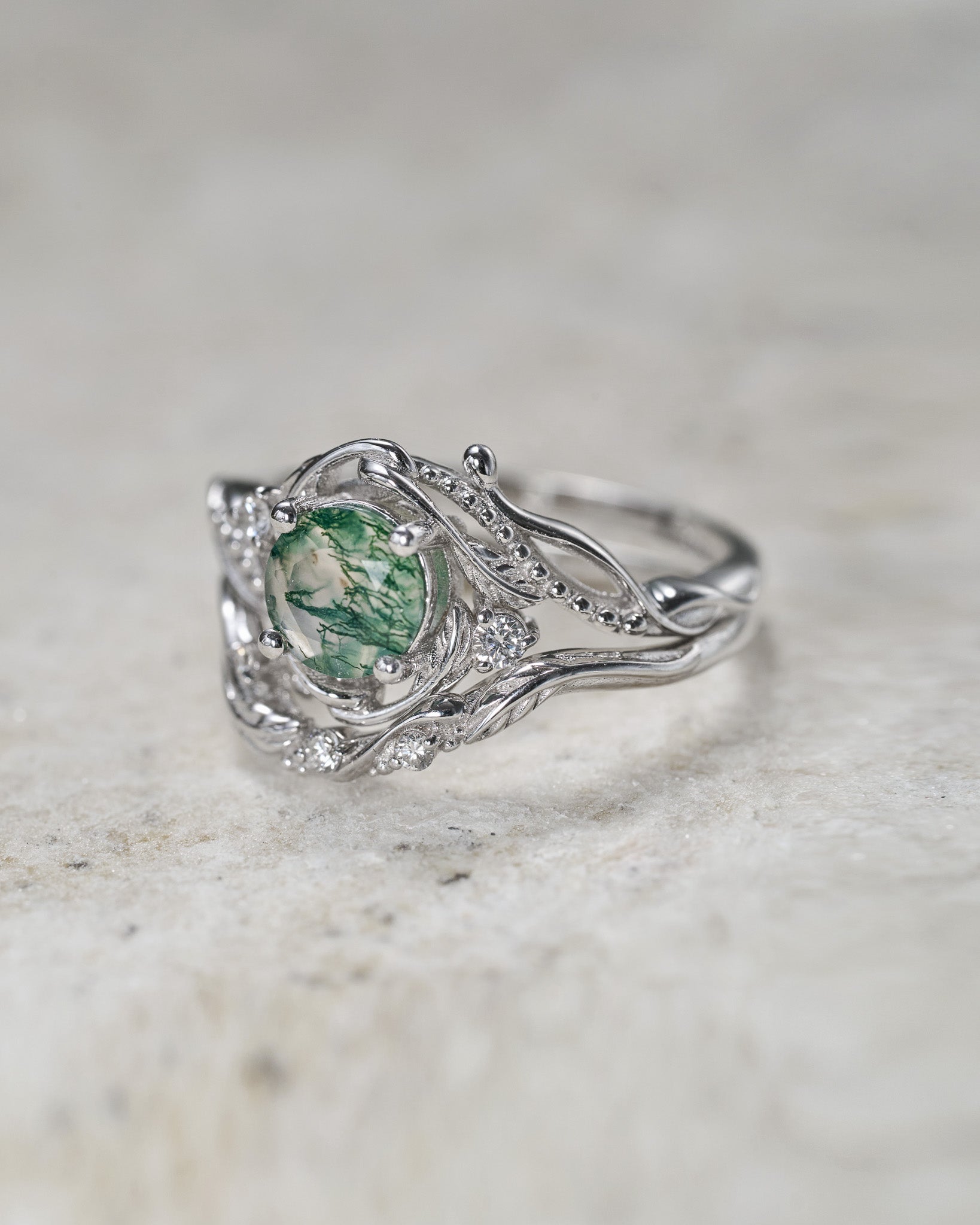 White gold bridal ring set with round moss agate and accent diamonds / Undina - Eden Garden Jewelry™
