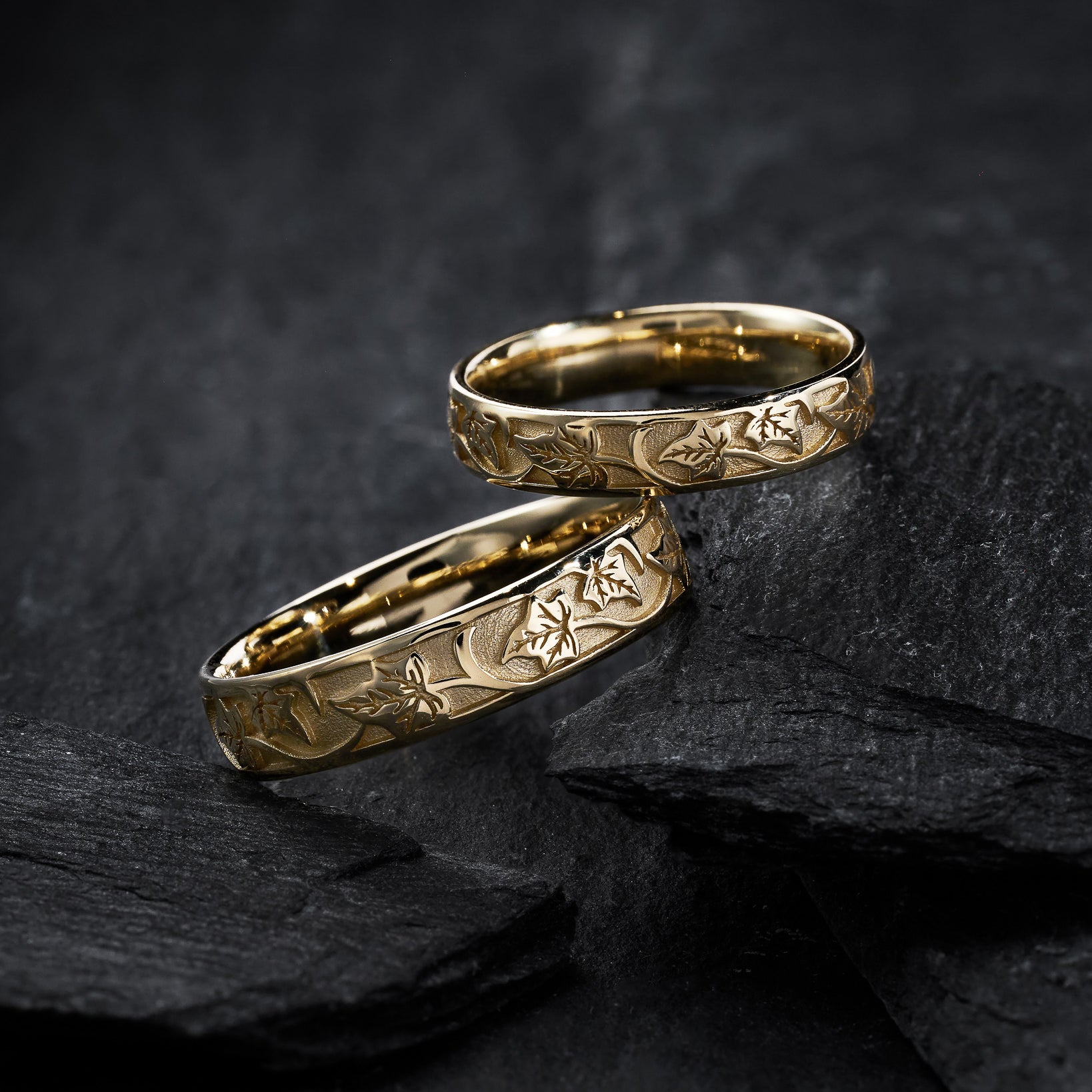 Unique wedding bands set his and hers, nature inspired rings, 14K