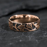 Black and gold wedding band for man, ivy leaves ring