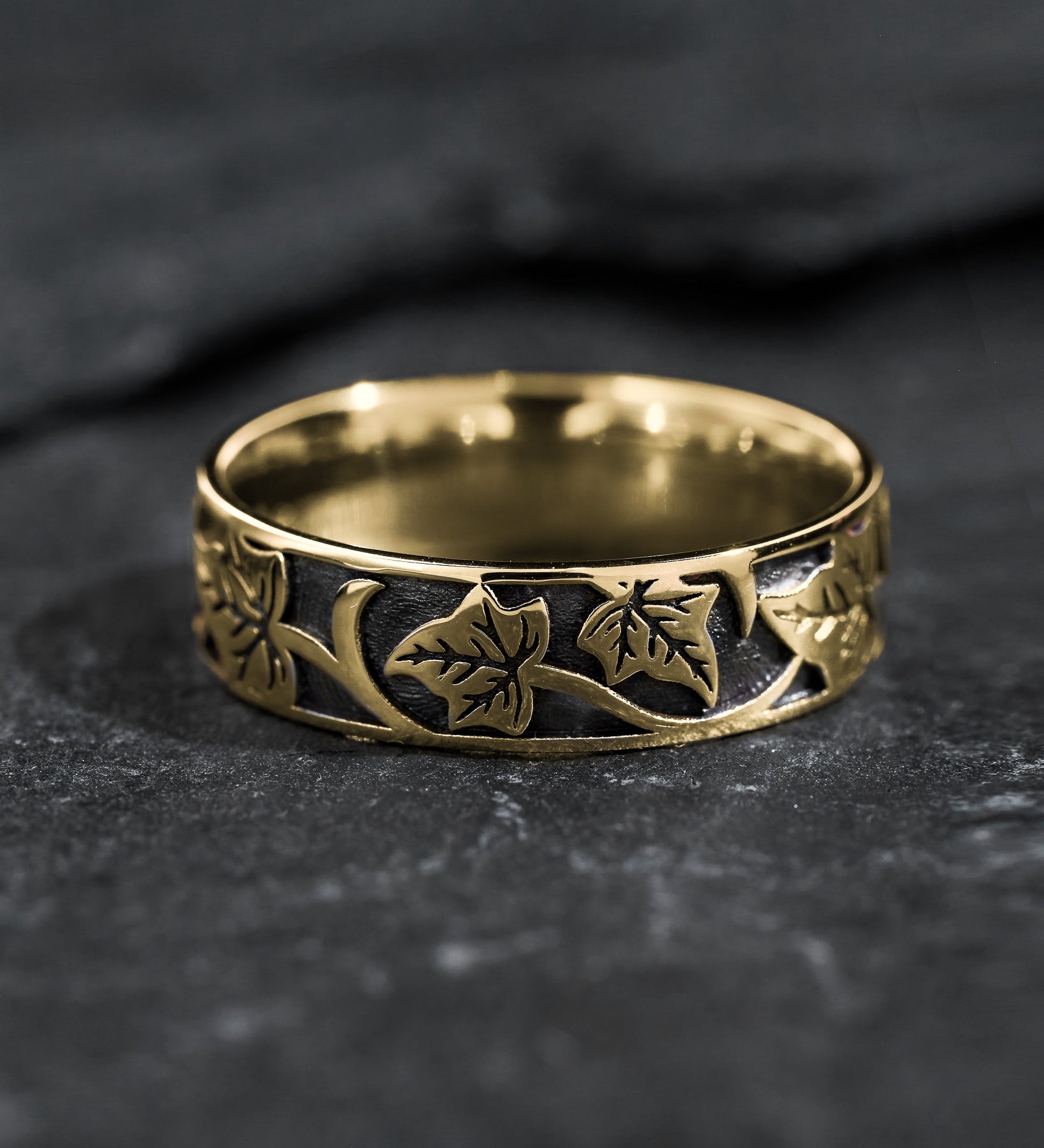 Men's wedding ring, black and gold ring, nature wedding band for