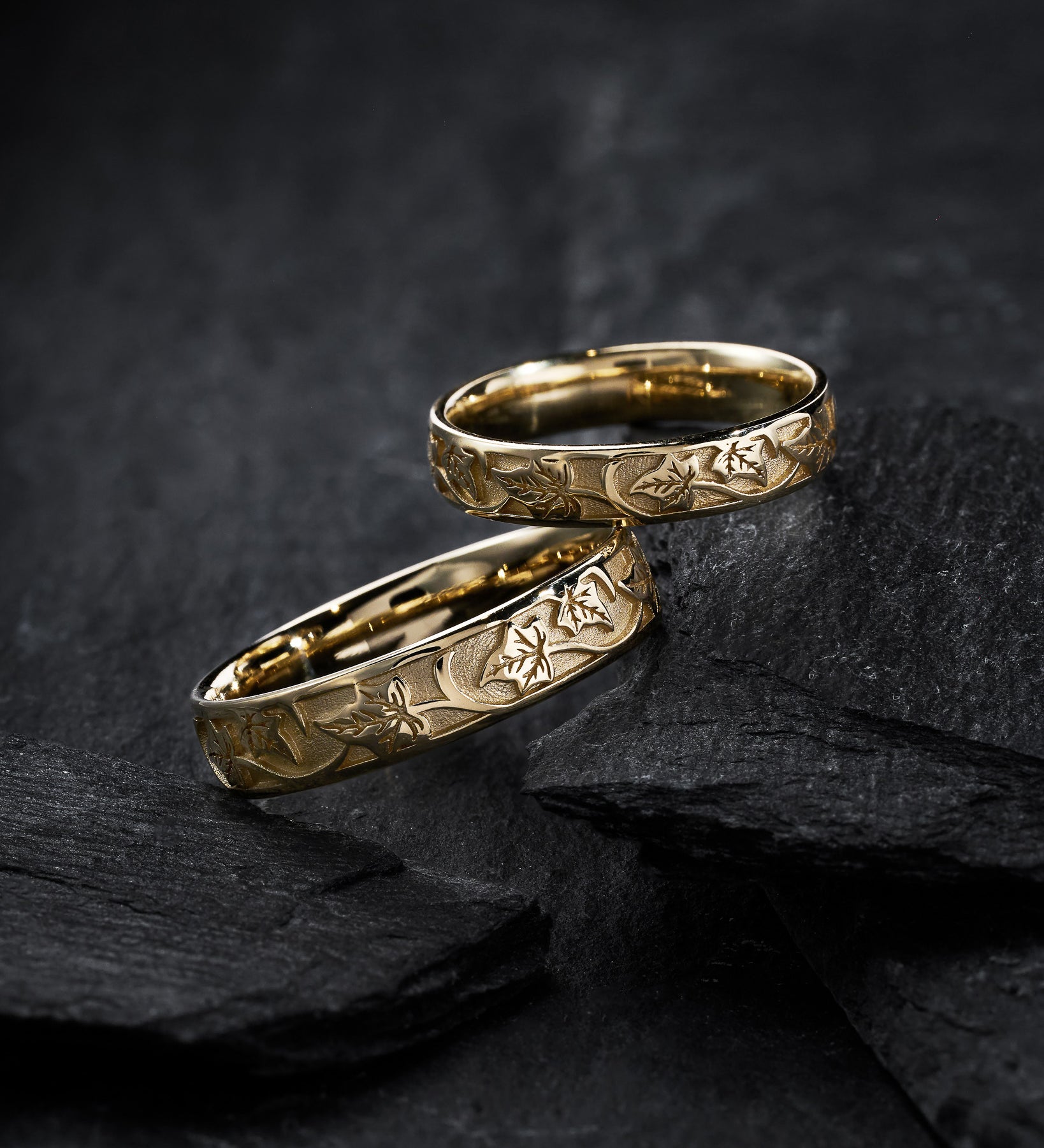Unique wedding bands set his and hers, nature inspired rings, 14K