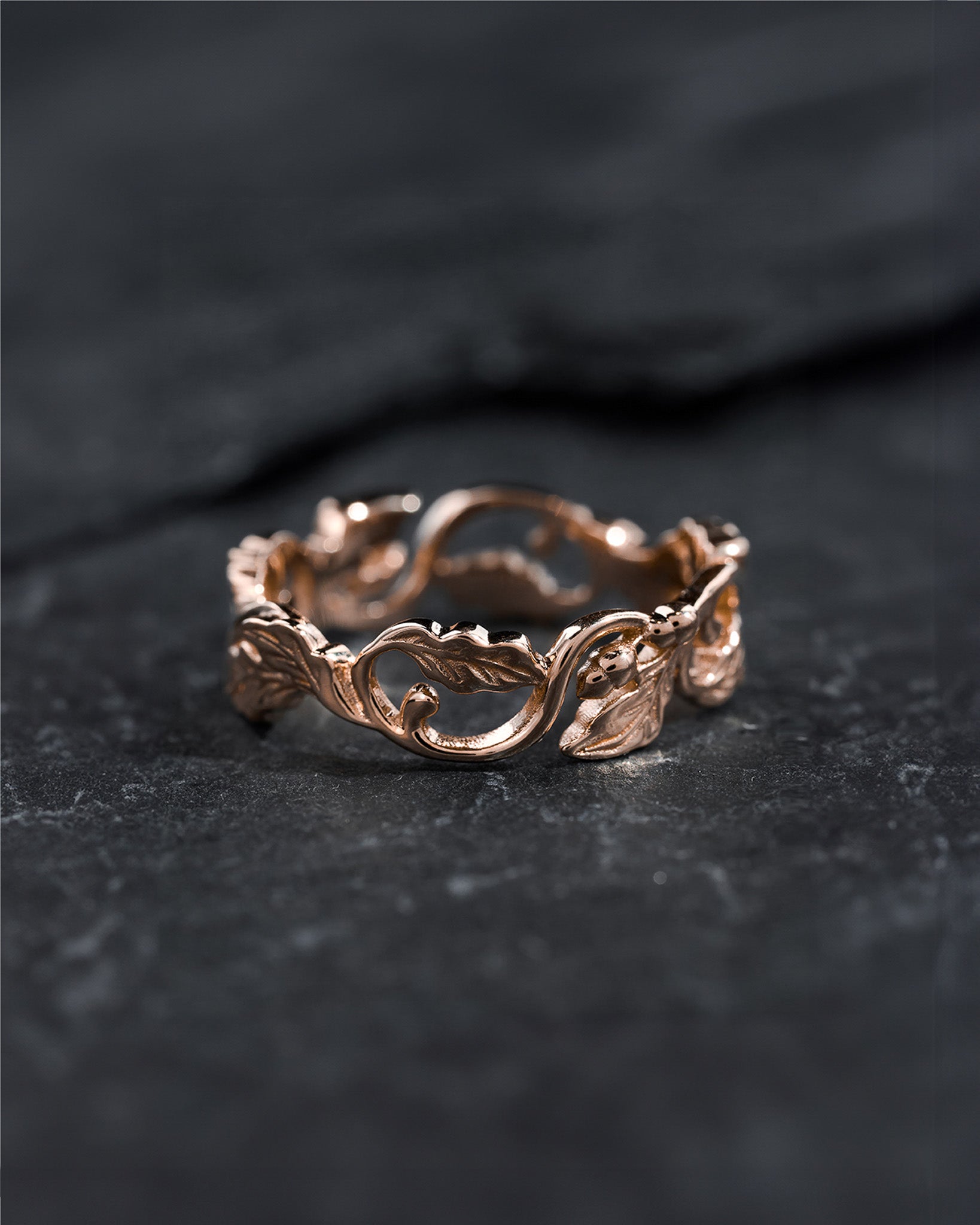 Leaves wedding band for woman, oak ring, 14K rose gold ring – Eden