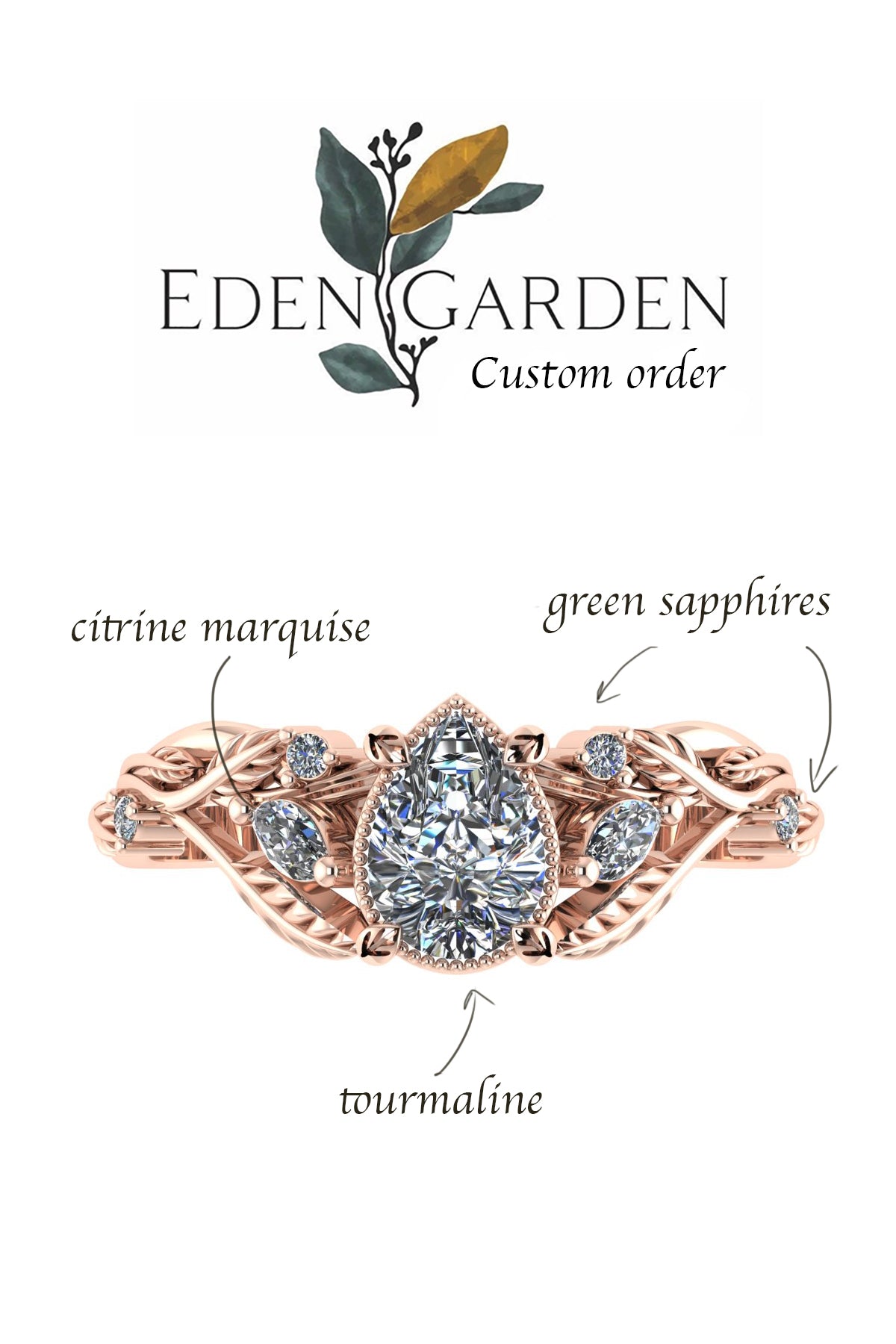 Custom order: Patricia symmetric ring with pear cut 7x5 mm tourmaline and assorted accents - Eden Garden Jewelry™