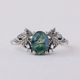 READY TO SHIP: Vineyard engagement ring in 14K white gold, oval moss agate, accents lab grown diamonds, RING SIZE: 5.5 - 8.5 US