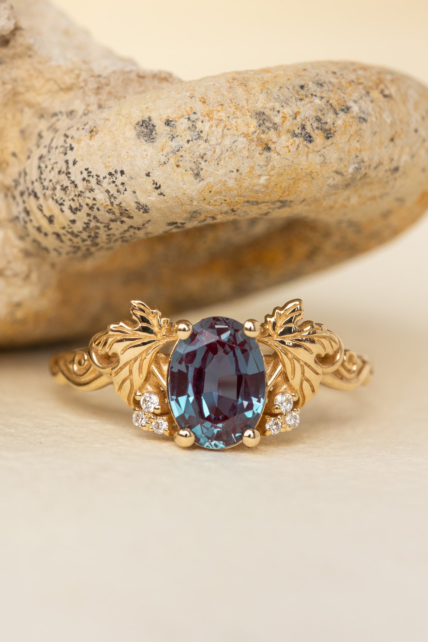 Lab-created alexandrite and lab grown diamonds engagement ring / Vineyard