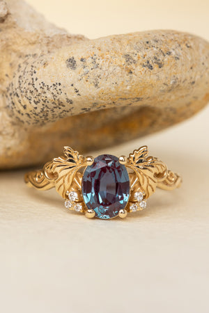 Lab-created alexandrite and lab grown diamonds engagement ring / Vineyard