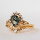 READY TO SHIP: Ariadne ring set in 18K yellow gold, pear cut moss agate, accent lab grown diamonds, RING SIZE:  5.5 - 8.5 US